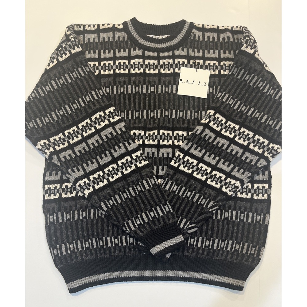 VTG 90s Basix Fenn‎ Wright Manson Sweater NWT Mens L Nordic Black White Gray